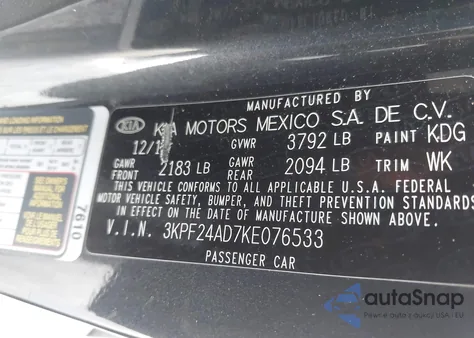 2019 Kia Forte Lxs z USA, uszkodzony, nr VIN 3KPF24AD7KE076533